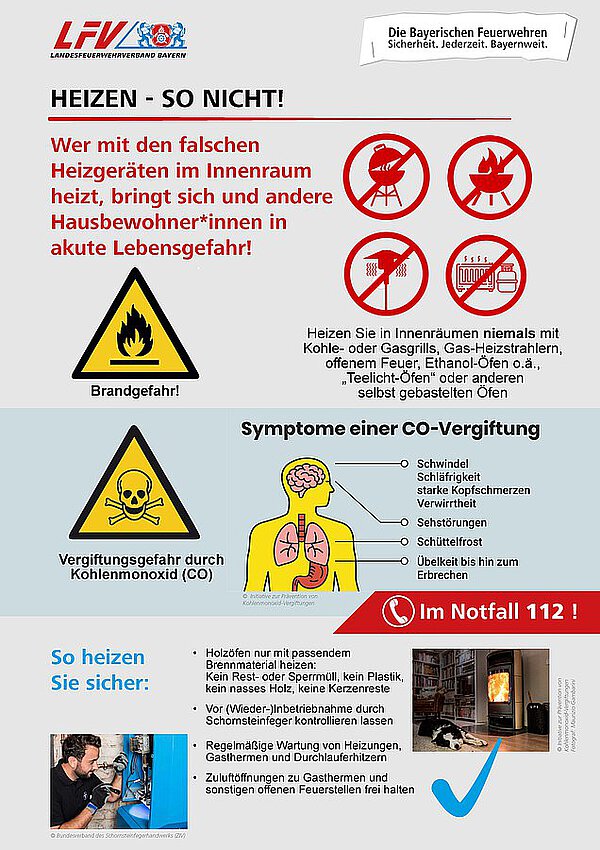 Infografik des LFV Bayern zu gefährlichen Heiz-Experimenten