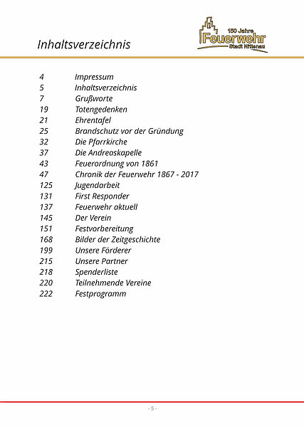 Inhaltsverzeichnis der Festschrift "150 Jahre Feuerwehr Stadt Nittenau"